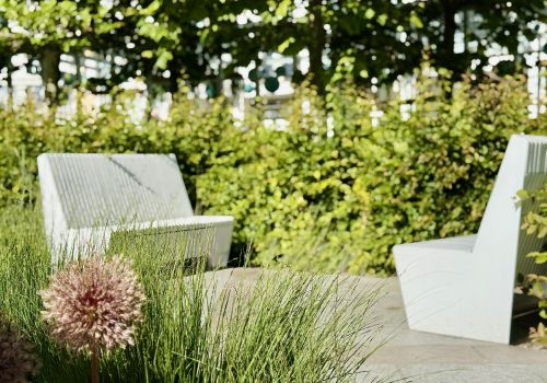 Zdjęcie białych ławek wśród zieleni na Placu Przyjaciół Sopotu